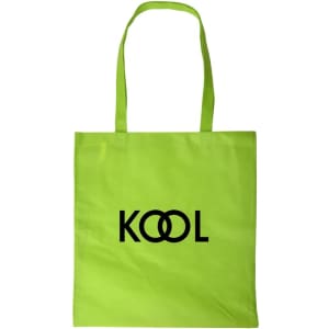 A bright green shopping tote bag with a logo featuring the word "KOOL" in black.