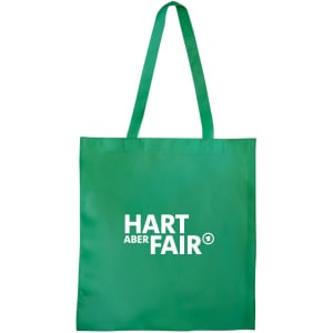 A green shopping tote bag with a V gusset and long handles, featuring a logo on the front.