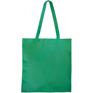 A green shopping tote bag with a V gusset and long handles. The bag features a logo.