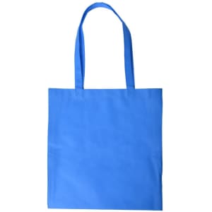 A blue shopping tote bag with v gusset and two handles, featuring a logo on one side.