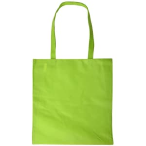 A bright green shopping tote bag with a V gusset and long handles. It features a simple design and has a logo.
