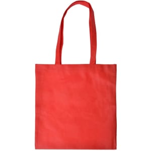 A red shopping tote bag with a V gusset and long handles, featuring a logo on the side.