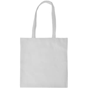 A plain white shopping tote bag with a V gusset and two shoulder straps, featuring a small logo.