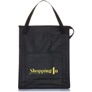 A black insulated grocery tote with a single handle and a front pocket, featuring branding on the front.