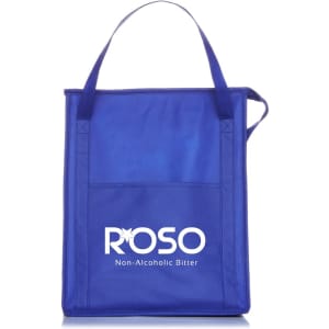 A blue insulated grocery tote with dual handles and a logo on the front.