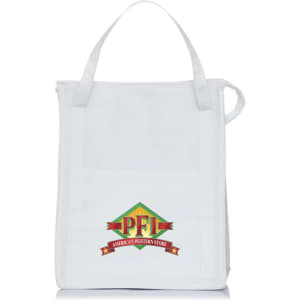 A white insulated grocery tote featuring a logo on the front and sturdy handles for easy carrying.