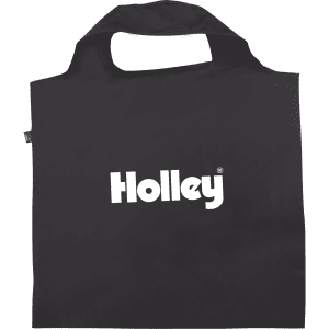 A black recycled PET bag with handles and a logo prominently displayed on the front.