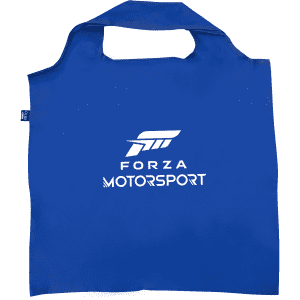 A blue recycled PET bag featuring a logo on the front and sturdy handles for easy carrying.