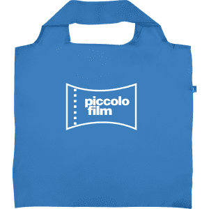 A blue recycled PET bag with a logo on the front and sturdy handles for easy carrying.