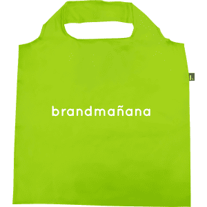 A bright green recycled PET bag featuring a handles and a logo.