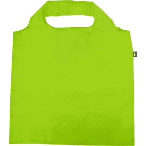 A bright lime green recycled PET bag with a handle and a logo on the side.