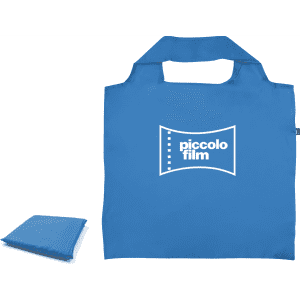 A blue recycled PET bag with a foldable design and a logo on the front.