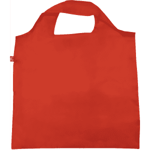 A red recycled PET bag with a handle and a branding logo.