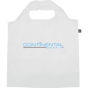 A white recycled PET bag with a logo, featuring dual handles for easy carrying.