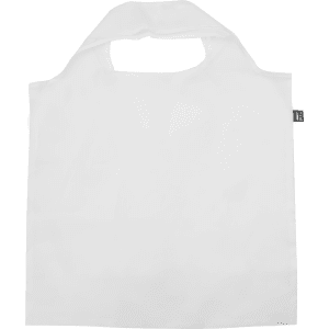 A white recycled PET bag with a cutting handle and a logo tag attached.