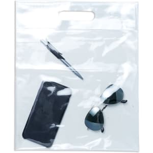 A clear tote bag containing a pen, sunglasses, and a mobile phone. The bag has a handle and a sleek design.