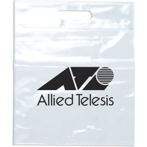 A clear tote bag with a black logo printed on the front and a handle for carrying.