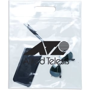 A clear tote bag contains a phone, sunglasses, and a pen, featuring a logo on the front.