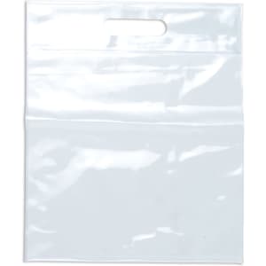 A clear tote bag with a handle, featuring a transparent design suitable for showcasing contents.