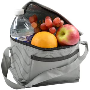 A grey cooler bag containing a water bottle, grapes, an apple, and an orange, with a shoulder strap.