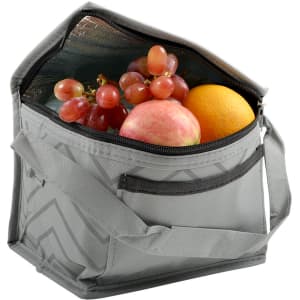 A grey cooler bag with a zippered opening, filled with an apple, orange, and grapes, showing its insulated interior.
