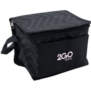 A black cooler bag with a zippered top and a front pocket, featuring a small logo.