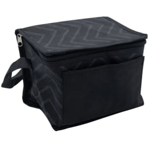A black cooler bag with a zippered top and front pocket, featuring a patterned design and a handle.