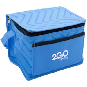 A blue cooler bag with a zippered top, carrying handle, and a front pocket. It features a logo.