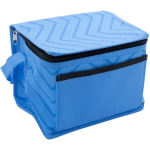 A blue insulated cooler bag with a zippered top and a front pocket, featuring a chevron pattern.