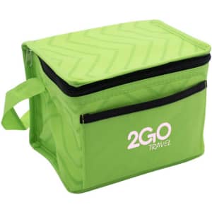 A green cooler bag with a zippered closure and a side handle, featuring a logo on the front.