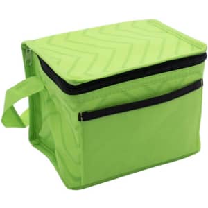 A green cooler bag with a zippered top and a front pocket, featuring a handle for easy carrying.