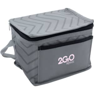 A grey cooler bag with a chevron pattern and a side pocket, featuring a logo on the front.