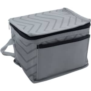 A grey cooler bag with a chevron pattern, featuring a zippered top and a front pocket. It has an attached handle.