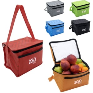A red lunch cooler bag with a zippered top, surrounded by blue, grey, and black versions, filled with fruits.