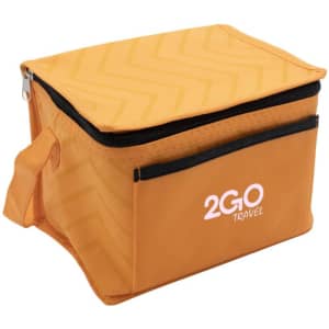 An orange cooler bag with a zip closure and a handle, featuring a logo on the front.