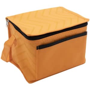 An orange lunch cooler bag with a zippered top and a side handle for easy carrying. It features a chevron pattern.