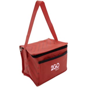 A red cooler bag with a zippered front pocket and a shoulder strap, featuring a logo.