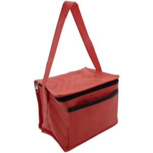 A red lunch cooler bag featuring a zippered compartment and a handle, with a logo on the front.