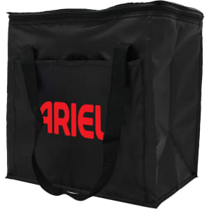 A black insulated grocery bag with robust handles and a frontal pocket, featuring a logo in red.