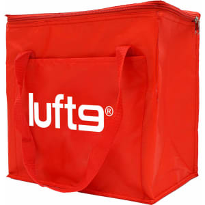 A red insulated grocery bag with handles and a zip closure, featuring a logo on the front.