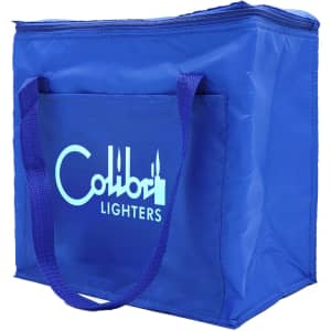An insulated grocery bag in blue with a front pocket and carrying handles. It features a logo on the side.