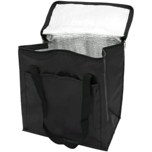 A black insulated grocery bag with a silver reflective interior and dual black handles. It has a zippered top and an exterior pocket.
