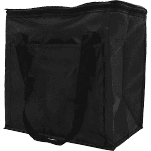 A black insulated grocery bag with sturdy handles and a zippered top. It features an exterior pocket and a logo.