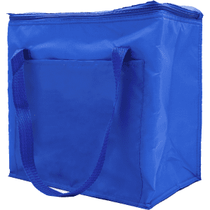 A blue insulated grocery bag with sturdy handles and a zip closure, featuring a front pocket and a logo.