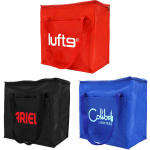 Three insulated grocery bags in red, black, and blue, featuring handles and logos on the front.