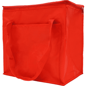 A red insulated grocery bag with a zippered top and handles, featuring a front pocket.