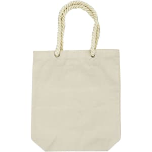 A cream tote bag with a textured, rope handle. Features a simple design and branding.