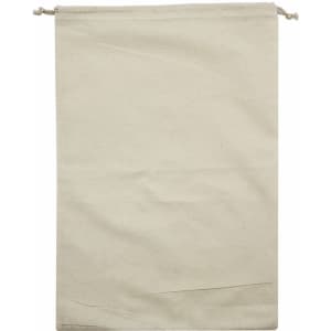 A beige drawstring bag made of fabric, featuring a simple design with no visible logos or branding.