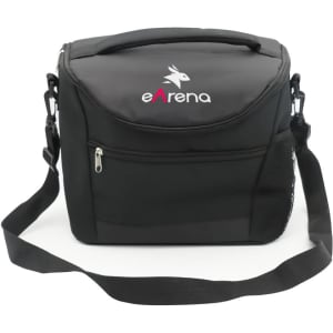 A black cooler bag with a zippered front pocket and a mesh side pocket, featuring a logo.