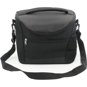 A black cooler bag with a shoulder strap and zippered compartments, featuring a mesh side pocket and a top handle.